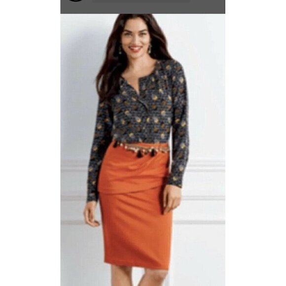 CAbi Overlay Pencil Skirt Sz 4 Turmeric Orange Knee Length Womens Style 3099 NWT - Picture 2 of 7